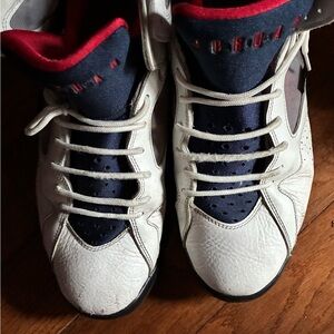 Decent used Jordans White and Blue and Red Sneakers with Athletic Design